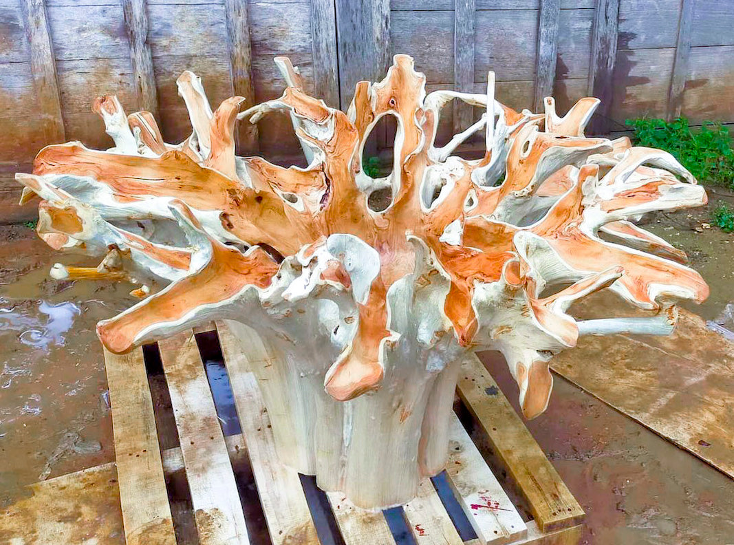 Teak Root Floral Carving Dining Table D100 Height 75cm - Indonesia Furniture Manufacture